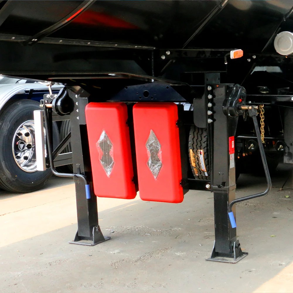 3 axle 30000L chemical tank trailer landing gear detail showing heavy duty mechanical support system for stable parking and loading operation