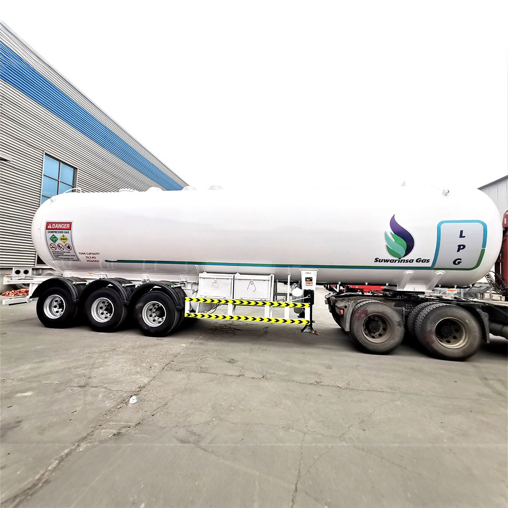 53.2m³ 3 axle LPG tanker trailer side view showing insulated pressurized tank and suspension system