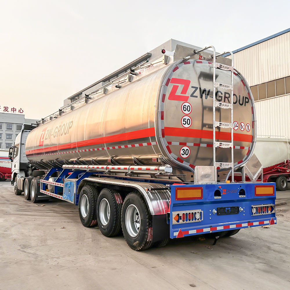 45,000L aluminum fuel tanker semi trailer rear three quarter view showing discharge system and rear platform