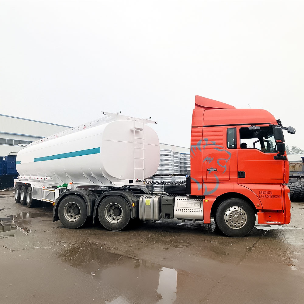 3 axle 45,000L carbon steel fuel tanker front three quarter view highlighting tank body and axle configuration
