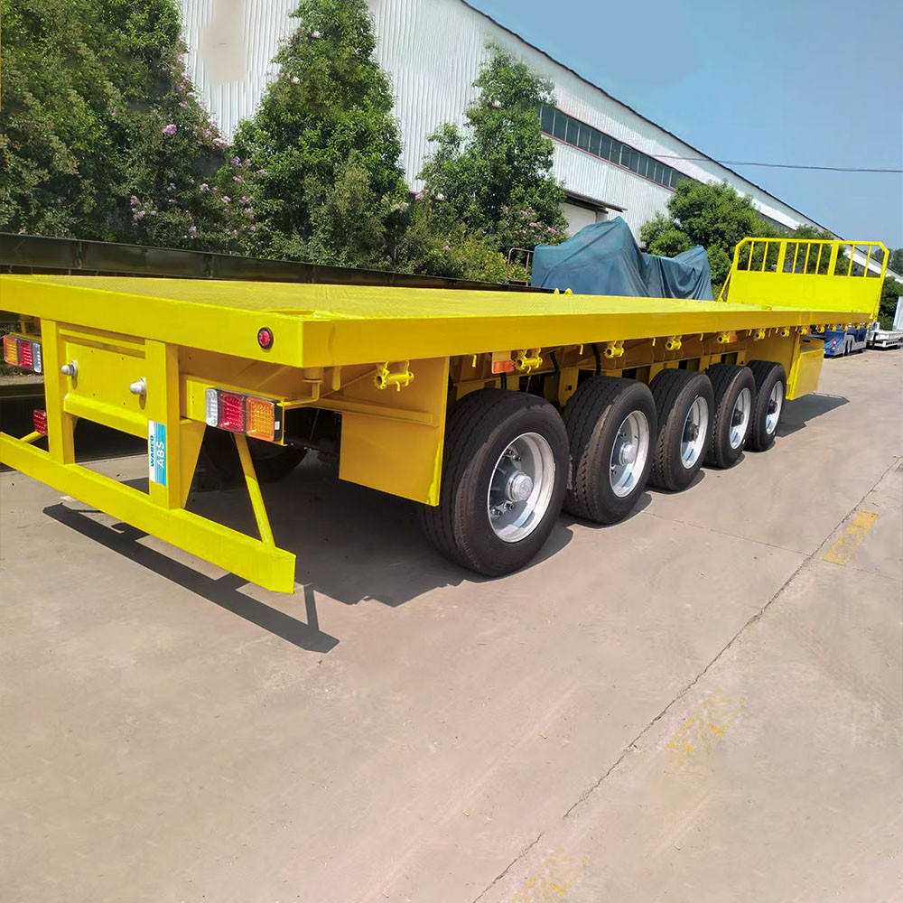 5 axle flatbed semi trailer rear three quarter view showing rear structure and lighting system