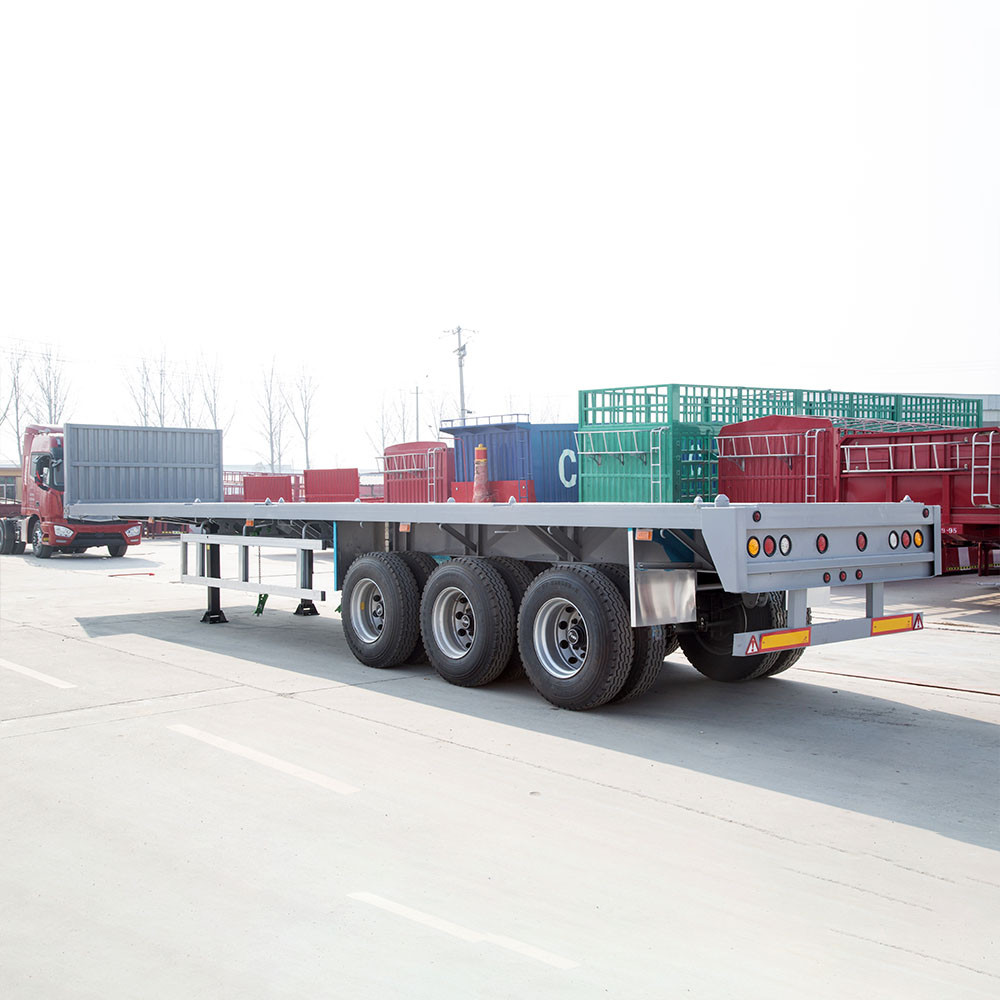 40ft flatbed semi trailer rear three quarter view showing rear structure and lighting system