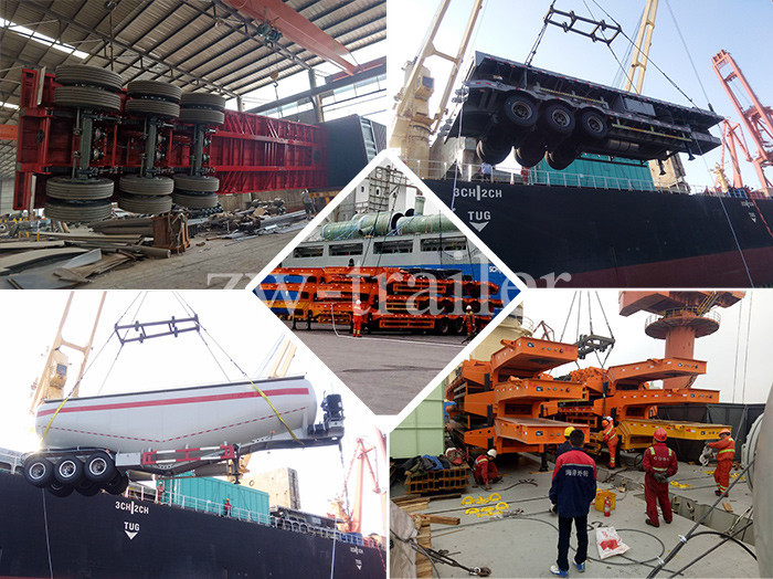 skeletal semi trailers ready for shipment at port, factory packed and secured for overseas delivery, showing multiple container chassis and heavy duty export logistics operation