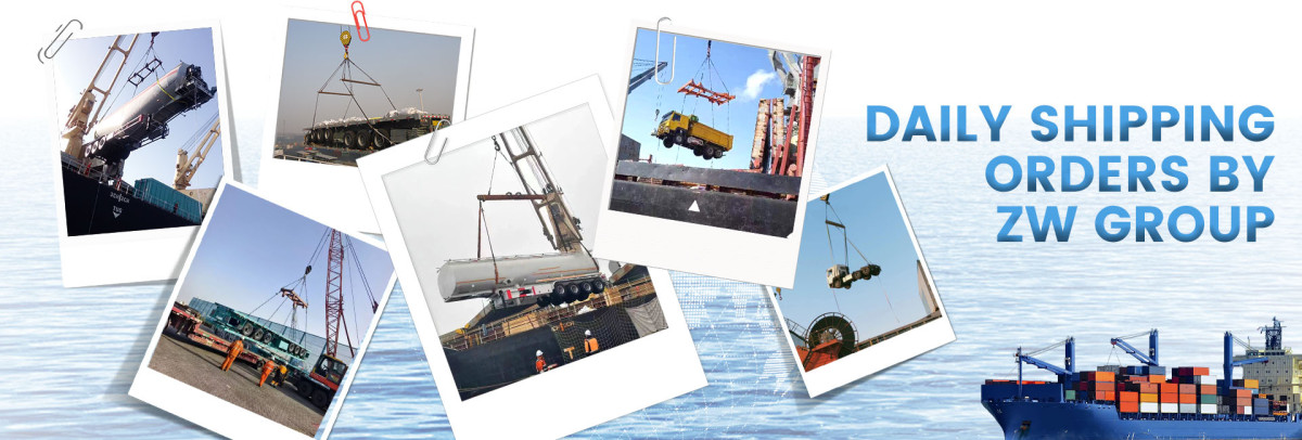 ZW series heavy-duty equipment including HOWO dump trucks, tractor trucks, and semi trailers being loaded onto ships at port, showcasing the complete export process with cranes lifting and securing vehicles for overseas shipment