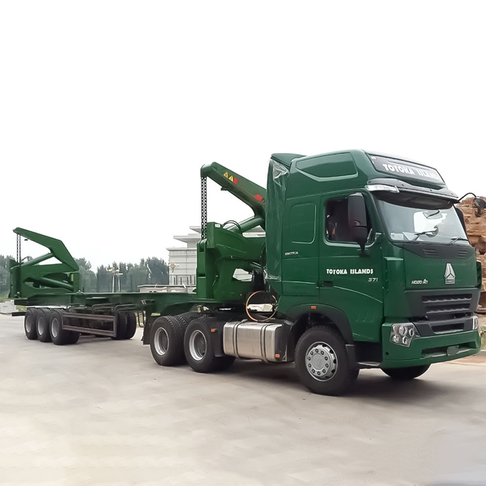 3 axle 40ft container loader trailer front three quarter view highlighting container lifting mechanism and axle layout