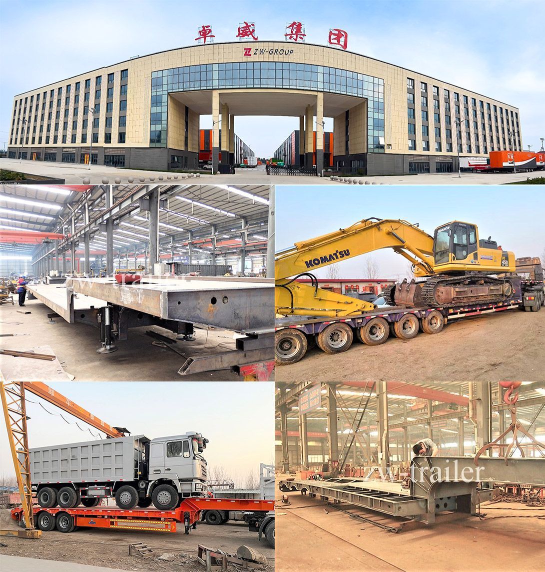 ZW Group manufacturing factory and quality inspection: heavy-duty lowbed trailer loading test with excavator and dump truck, ensuring structural integrity and load-bearing performance.