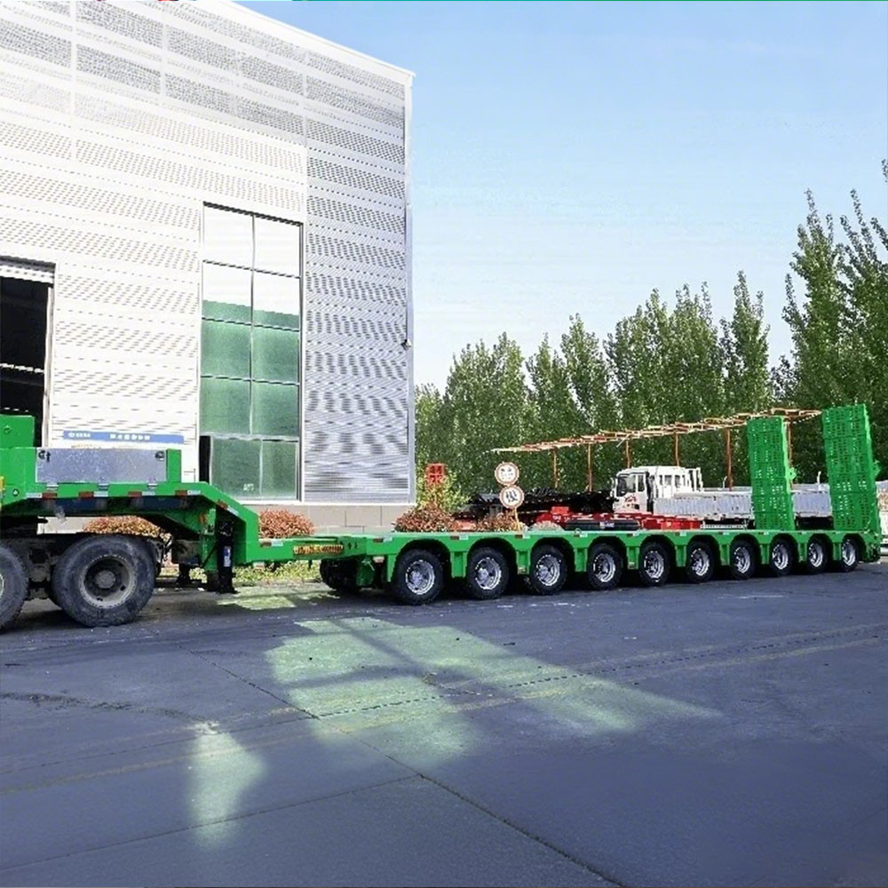 10 axle 150T extendable lowbed trailer side view in extended position showing telescopic deck structure