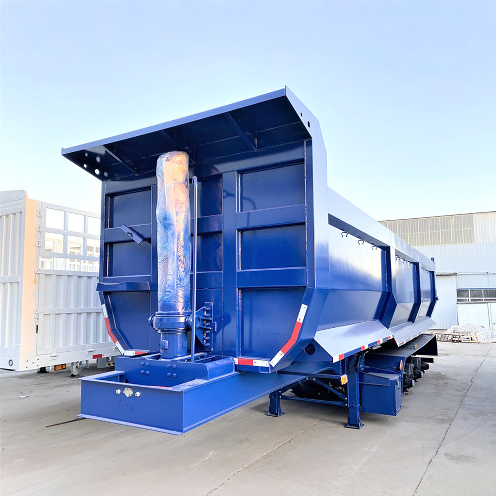 4 axle 40CBM end dump trailer front three quarter view highlighting hydraulic cylinder and axle layout
