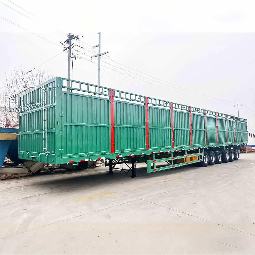 6 axle 100 ton fence semi trailer front three quarter view highlighting cargo fence structure and six axle layout