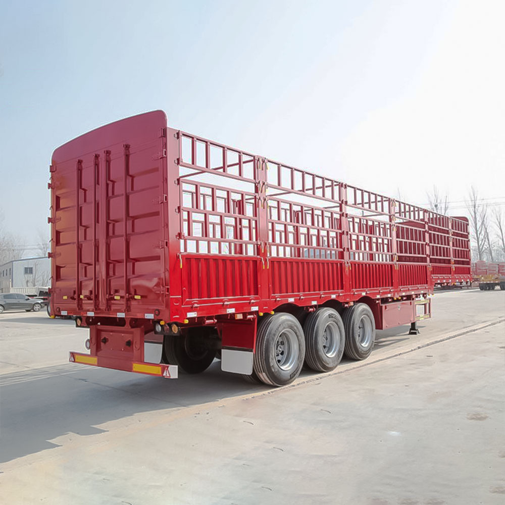 3 axle 60 ton fence semi trailer rear three quarter view showing rear cargo gate and reinforced frame