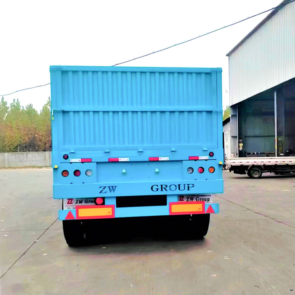 3 axle side wall semi trailer rear view showing cargo gate locking system