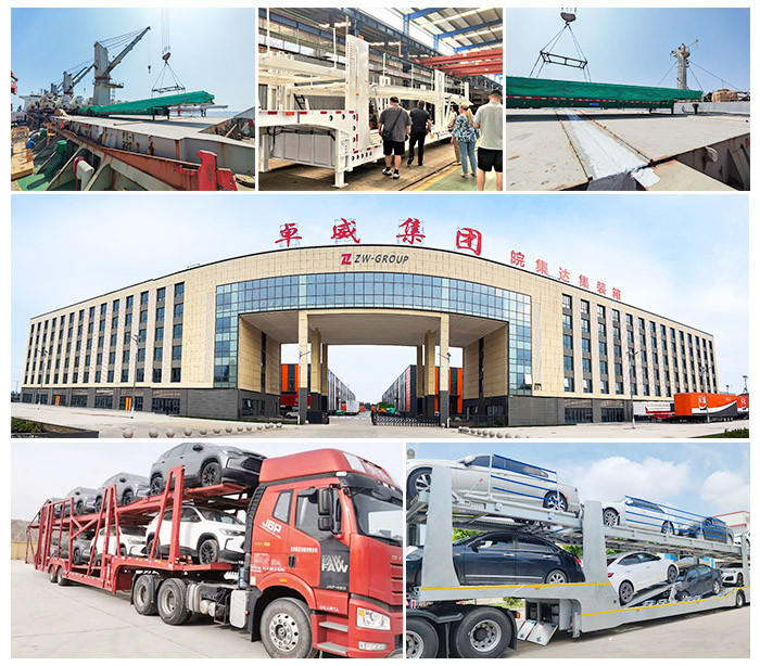 car carrier semi trailers showing factory packing, port shipment, and vehicle transport operation scenes for auto logistics transport
