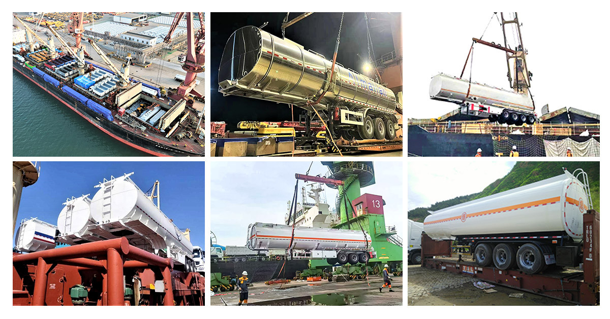 ZW Group tanker trailers global shipment via bulk carrier and flat rack container for international logistics.