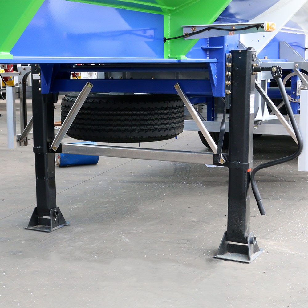 3 axle aluminum fuel tanker trailer landing gear detail showing heavy duty mechanical support