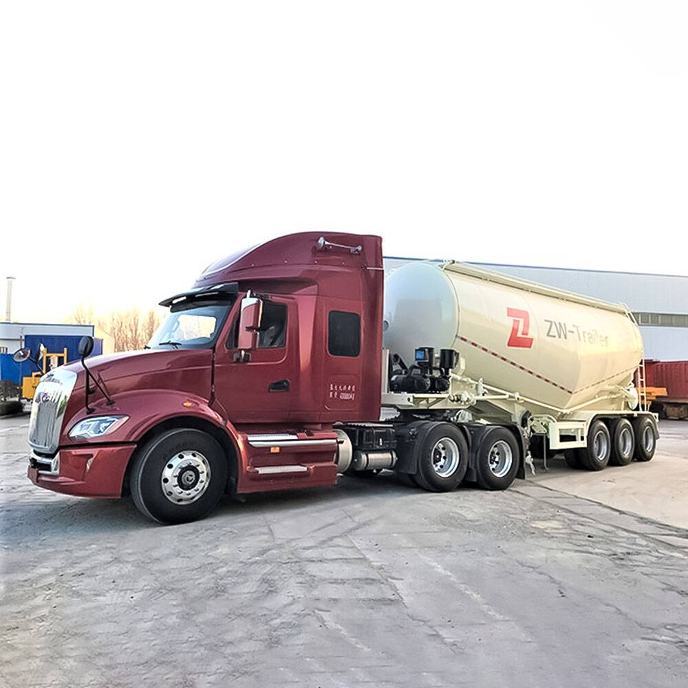 40T pneumatic cement tanker trailer front three quarter view highlighting tank body and axle layout