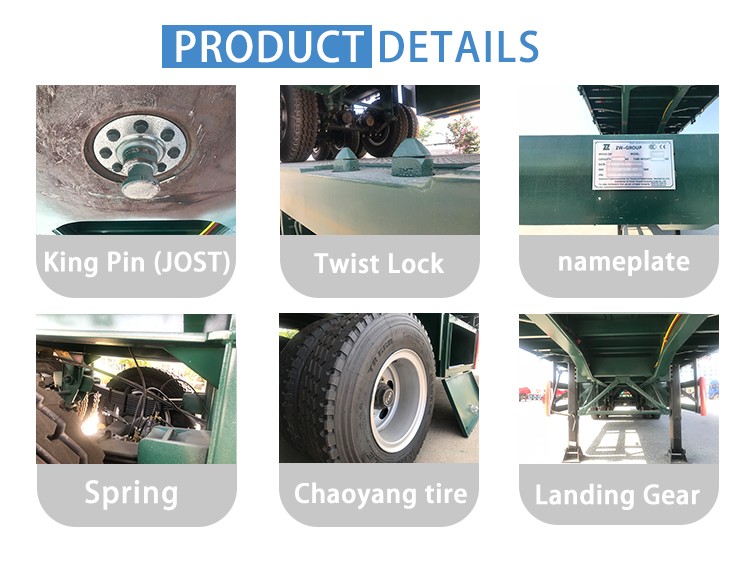 lose-up details of container trailer including ZW Group nameplate, Chaoyang tubeless tires, and ISO standard twist locks.