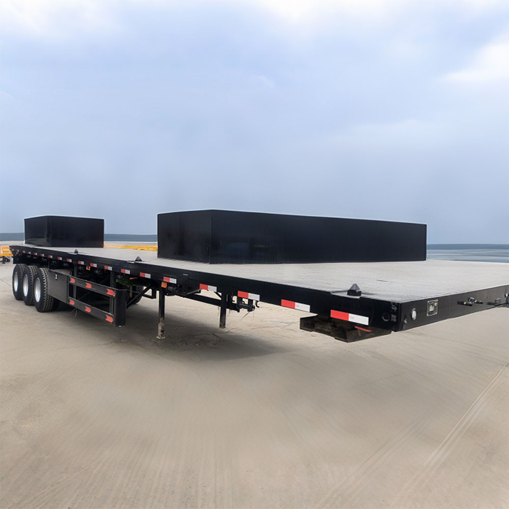 3 axle flatbed semi trailer front three quarter view highlighting loading platform and axle layout
