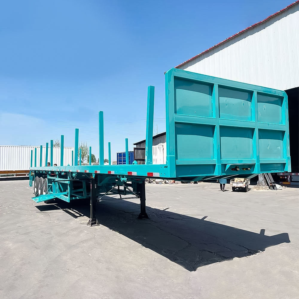 40ft flatbed semi truck trailer front three quarter view highlighting long loading platform and axle layout