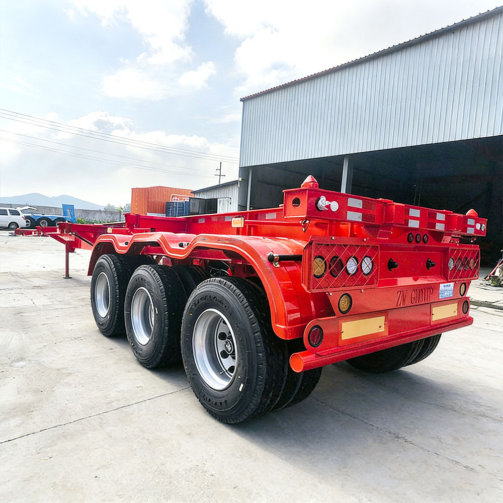 3 axle 40ft skeleton semi trailer rear three quarter view showing rear frame and lighting system