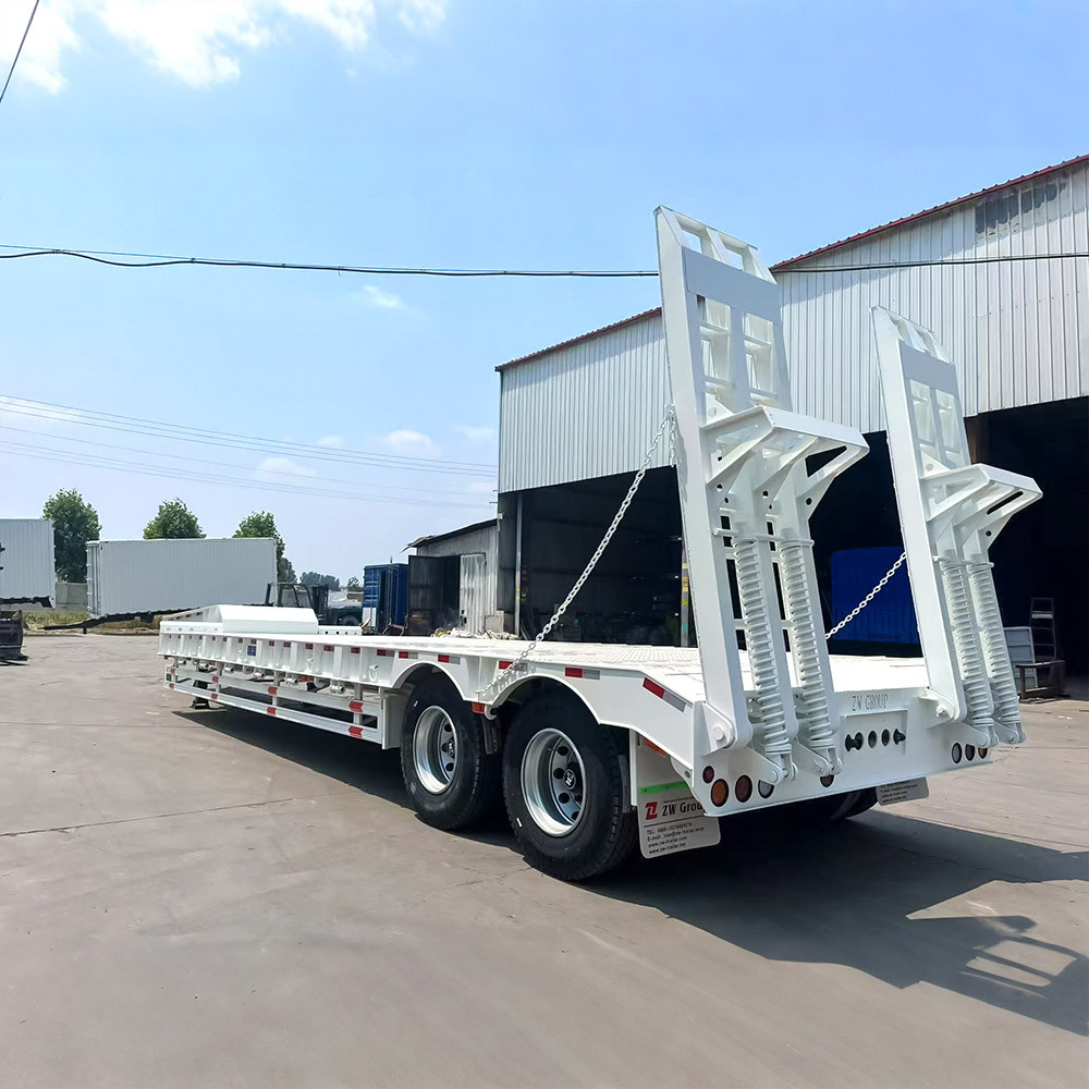 2 axle 40 ton lowbed trailer rear three quarter view showing loading ramps and rear frame
