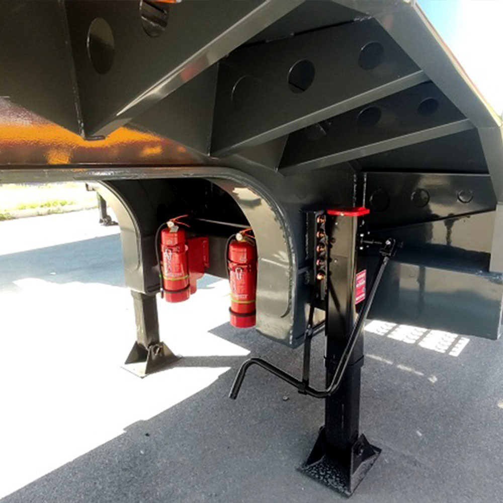5 axle extendable lowboy trailer landing gear detail showing heavy-duty support system