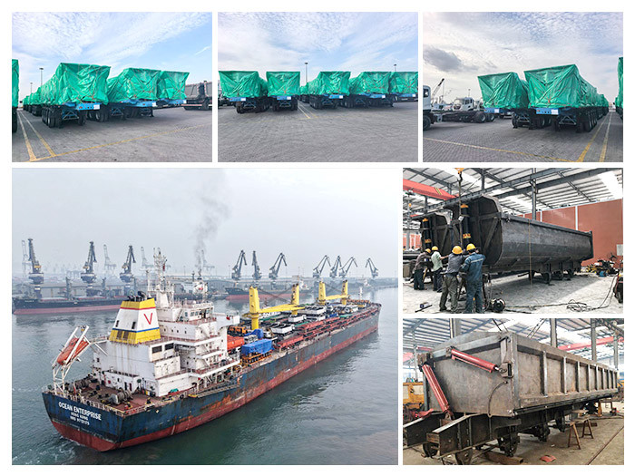 3 axle and multi-axle U-shaped, Tipper, and Hydraulic Dump Semi Trailers in factory packaging and port loading scene, showing organized stacking, protective packaging, and heavy-duty trailers ready for overseas shipment
