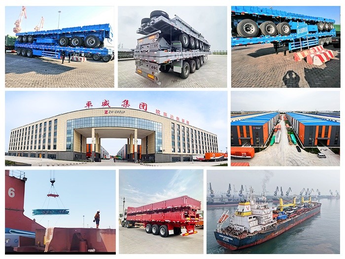 Full view of ZW Group fence semi trailers at the port ready for shipment, including 2-6 axle models with reinforced cargo decks and removable side panels