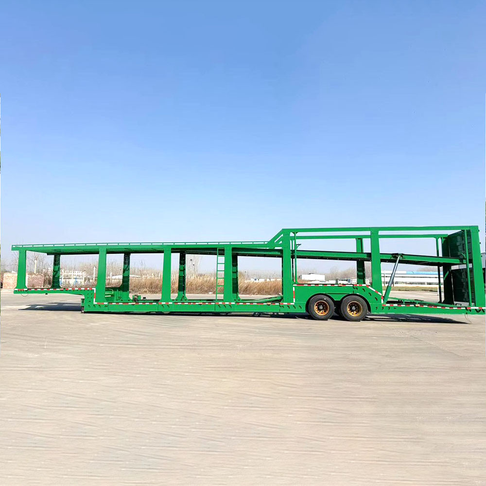 2 axle 8-car carrier trailer side view showing multi-level vehicle loading structure for auto transport