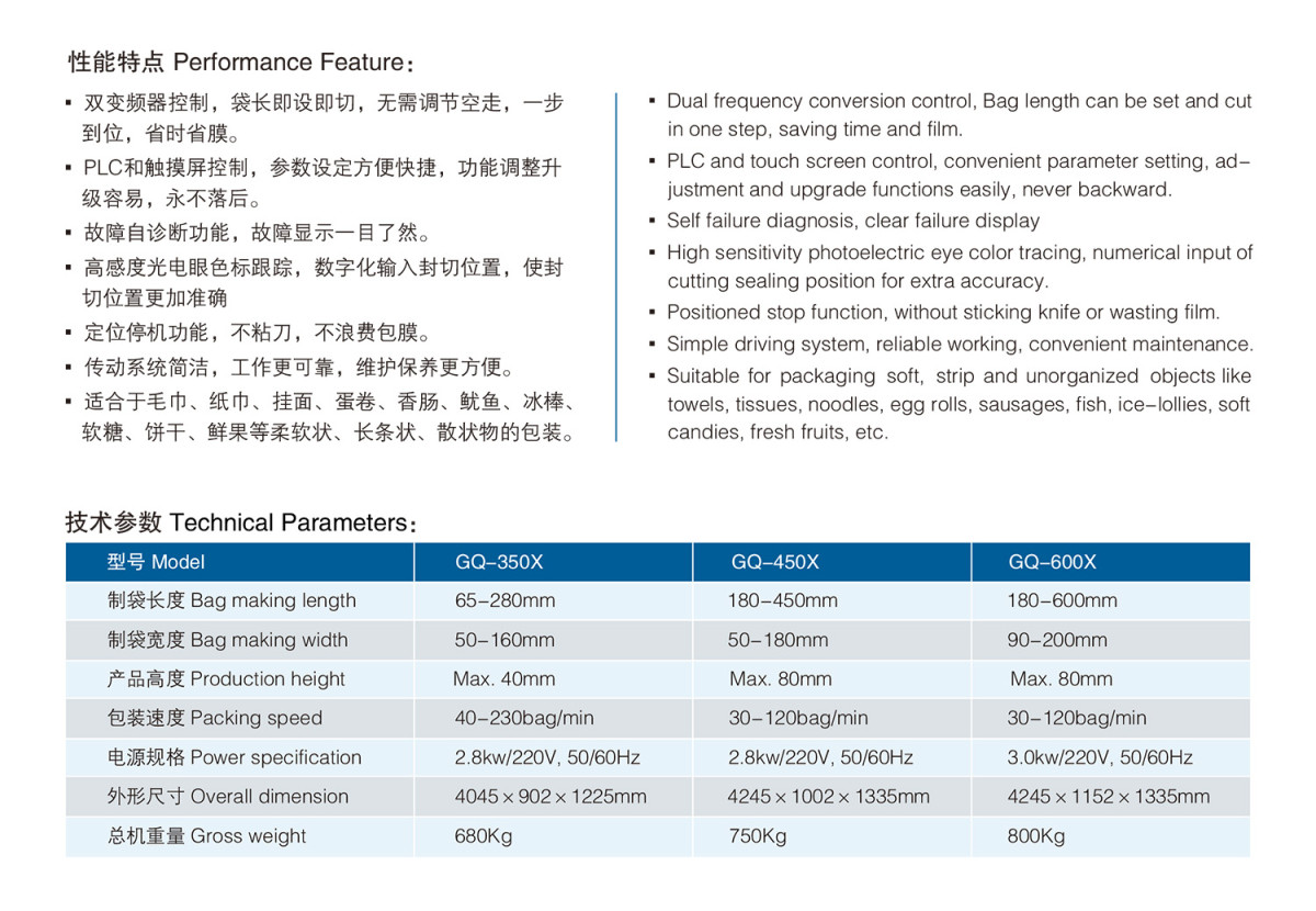 GQ-350X450X600X下走纸双伺服高速枕式包装机性能特点