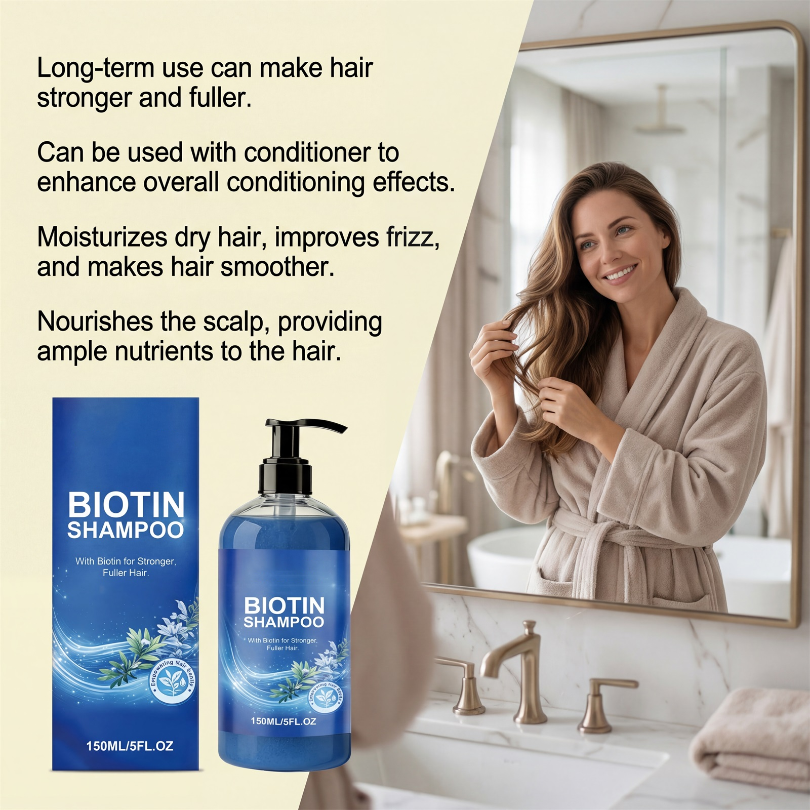 Biotin shampoo for daily cleaning, with soft, light, elegant, refreshing and fluffy hair