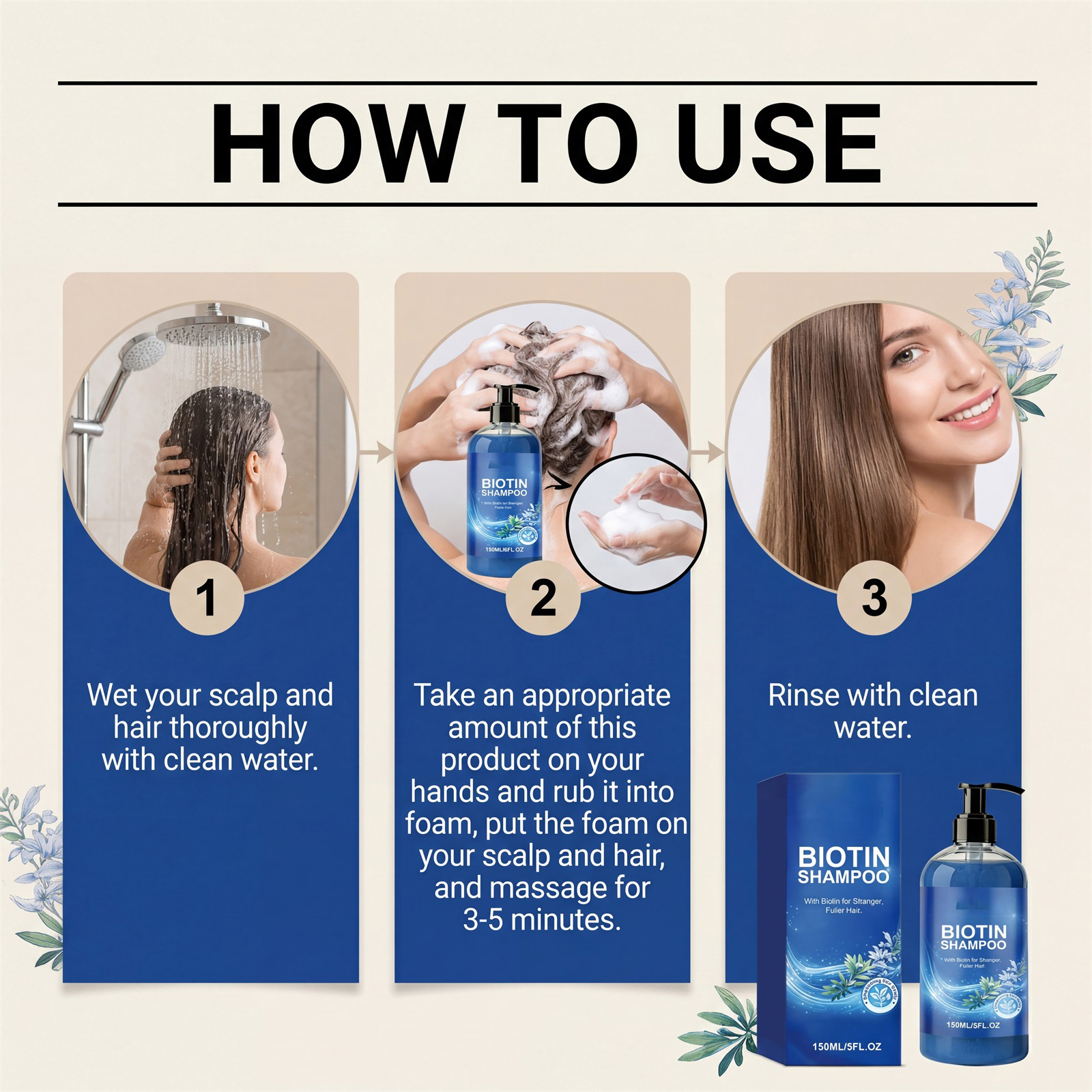 Biotin shampoo for daily cleaning, with soft, light, elegant, refreshing and fluffy hair