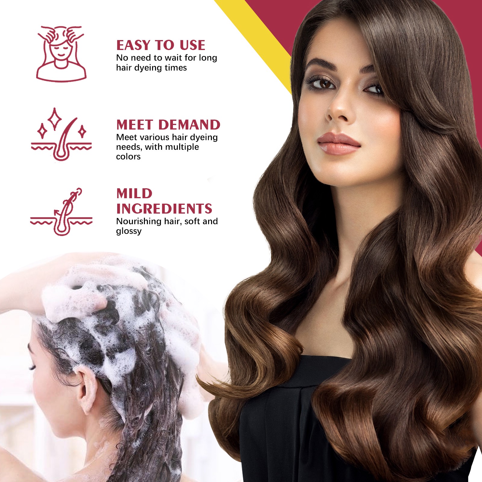 Black Hair Dyeing Shampoo (Wine Red) Gentle, Non Stimulating, Moisturizing Scalp, Easy Color Change Hairdressing Shampoo