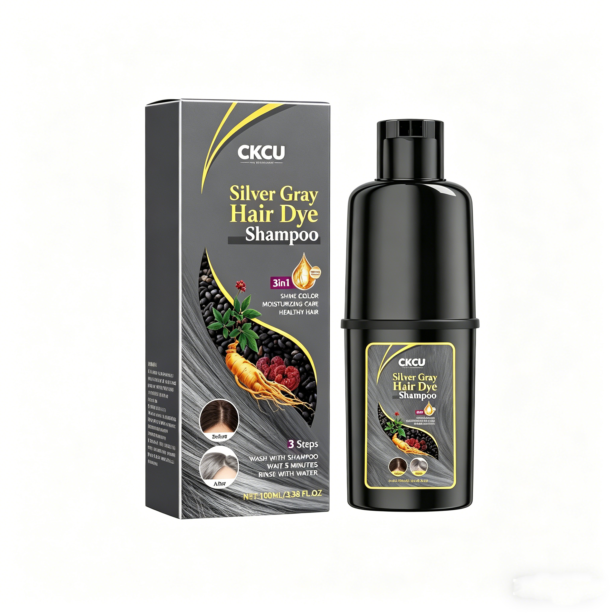 Black Hair Dyeing Shampoo (Silver Grey) Gentle, Non Stimulating, Moisturizing Scalp, Easy Color Change Hairdressing Shampoo