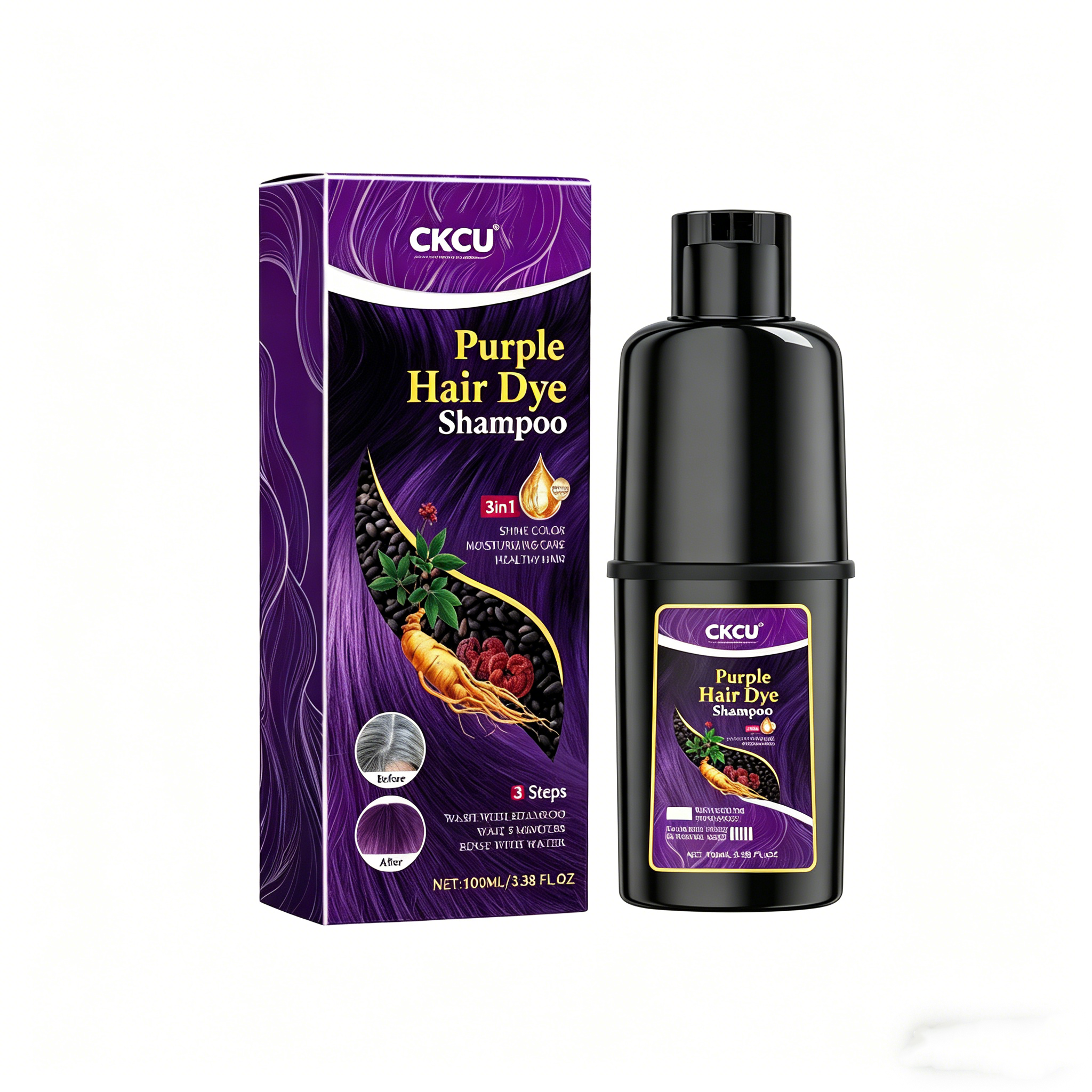 Black Hair Dyeing Shampoo (Purple) Gentle, Non Stimulating, Moisturizing Scalp, Easy Color Change Hairdressing Shampoo