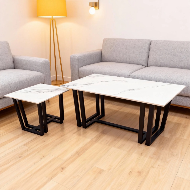 White minimalist commercial reception, negotiation, stainless steel rock plate tea table, rectangular rock plate dining table combination, spot wholesale