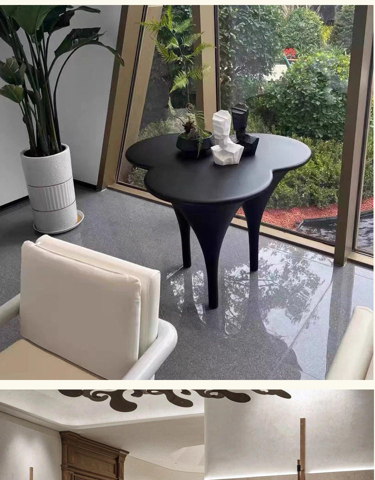 Designer Fiberglass Round Table, for Living Room & Commercial Use, Petal Clover-shaped Three-legged Coffee Table, Suitable for Courtyard & Outdoor Spaces