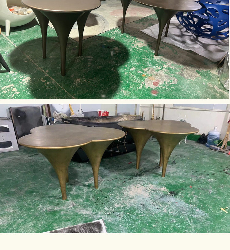 Designer Fiberglass Round Table, for Living Room & Commercial Use, Petal Clover-shaped Three-legged Coffee Table, Suitable for Courtyard & Outdoor Spaces