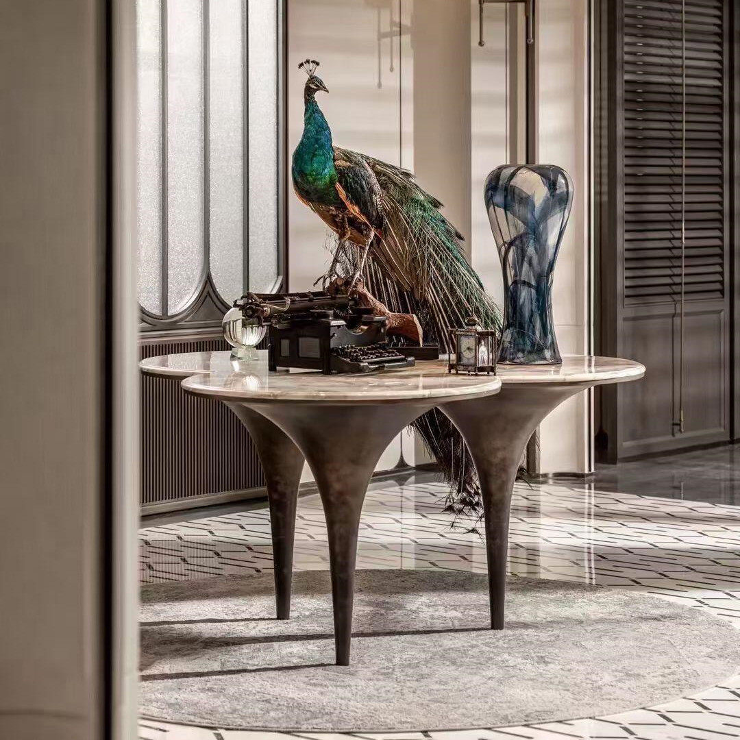 Designer Fiberglass Round Table, for Living Room & Commercial Use, Petal Clover-shaped Three-legged Coffee Table, Suitable for Courtyard & Outdoor Spaces