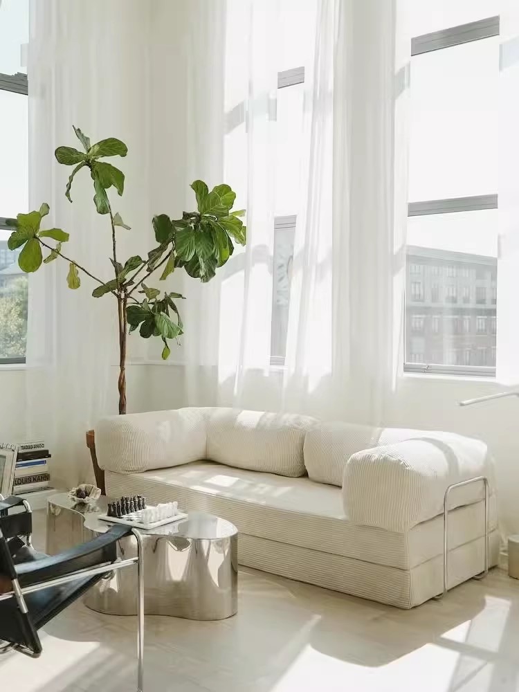 Retro Maillard Fabric Sofa Bed - Mid-century Healing, Detachable Washable, Folding for Small Spaces