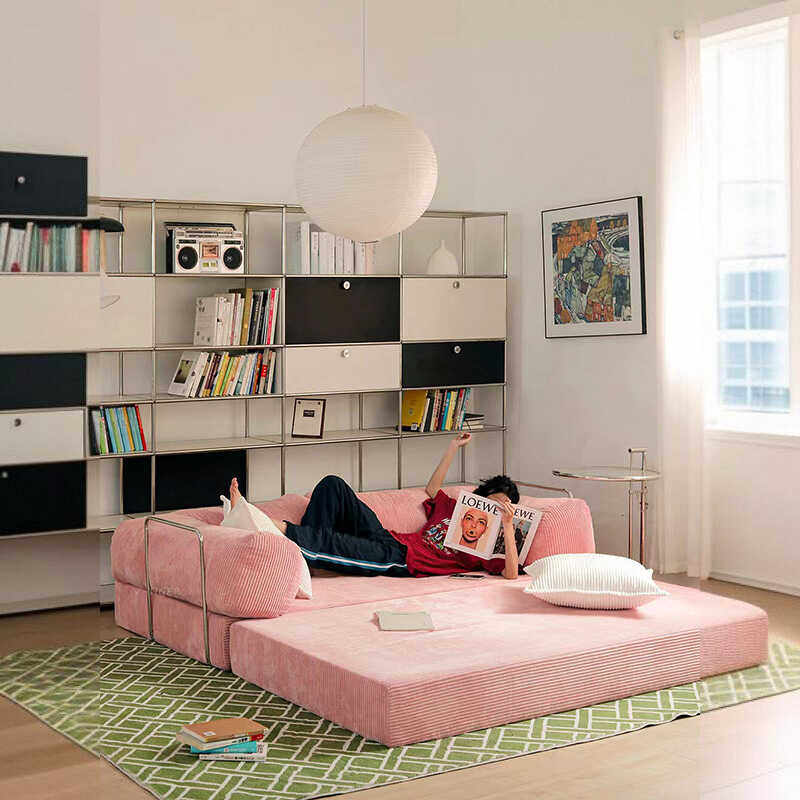 Retro Maillard Fabric Sofa Bed - Mid-century Healing, Detachable Washable, Folding for Small Spaces