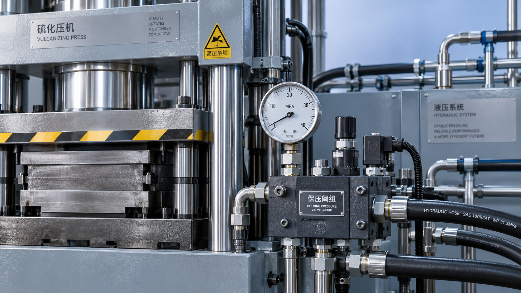 Why does a vulcanizing press lose pressure during the cure?