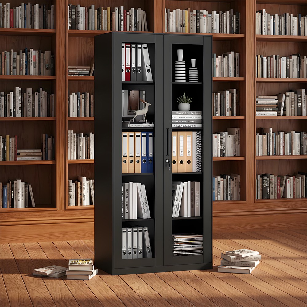 Glass door filing cabinet - black