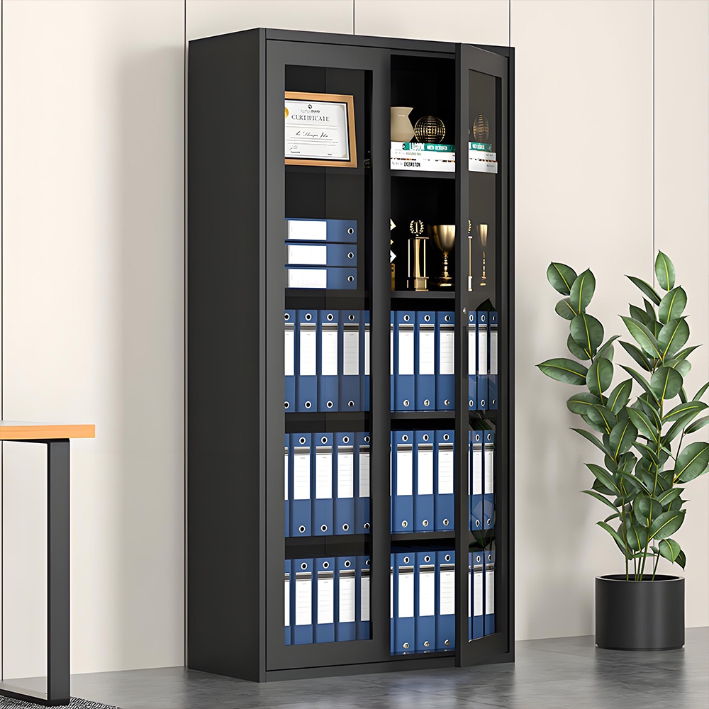 Glass door filing cabinet - black