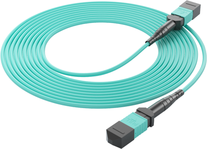 Aqua MPO multimode patch cable with MPO connector for high-density fiber links