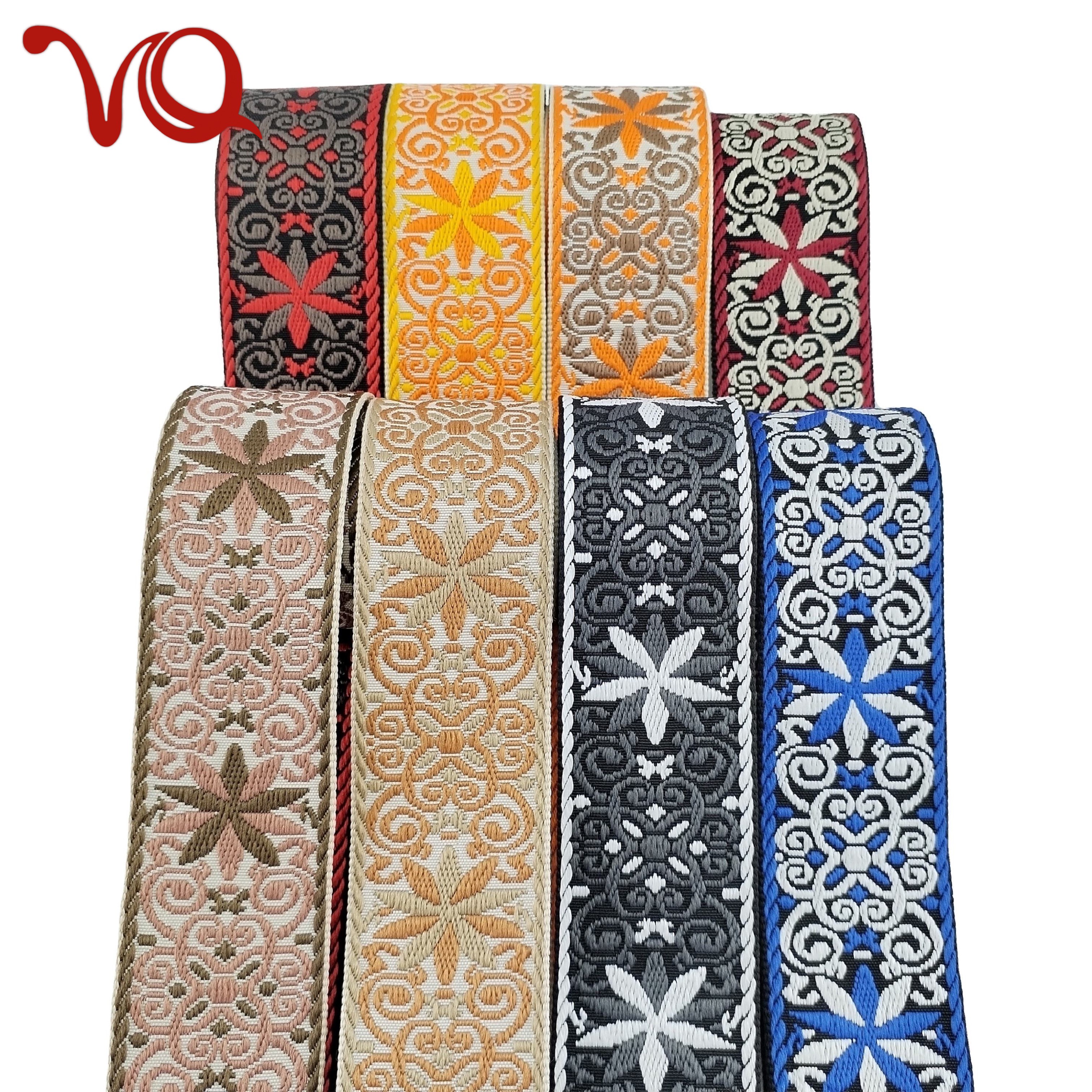 Factory Direct 5cm Polyester Clothing Ethnic Embroidery Webbing Bag Guitar Strap Embossed Floral Pattern Webbing Strap