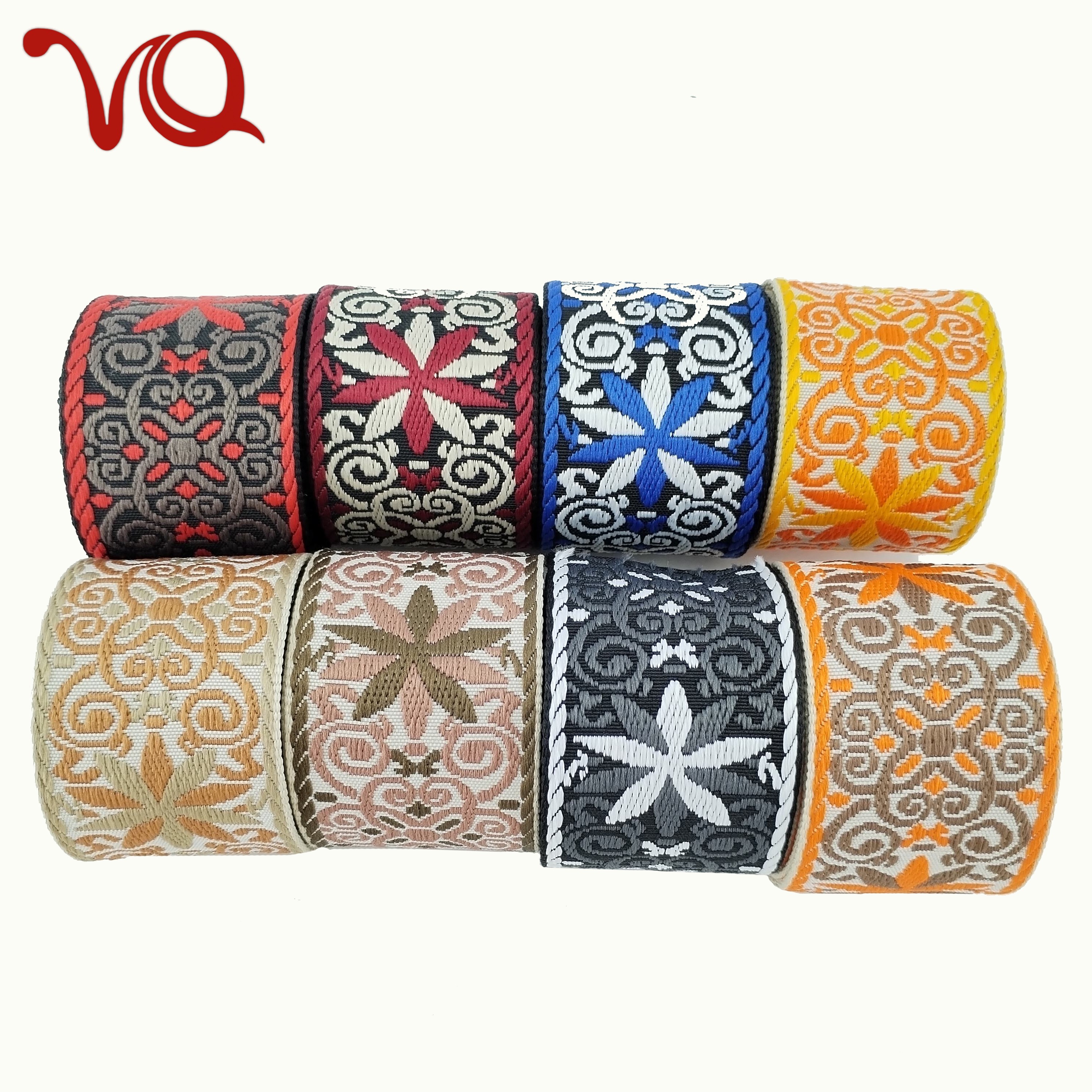 Factory Direct 5cm Polyester Clothing Ethnic Embroidery Webbing Bag Guitar Strap Embossed Floral Pattern Webbing Strap