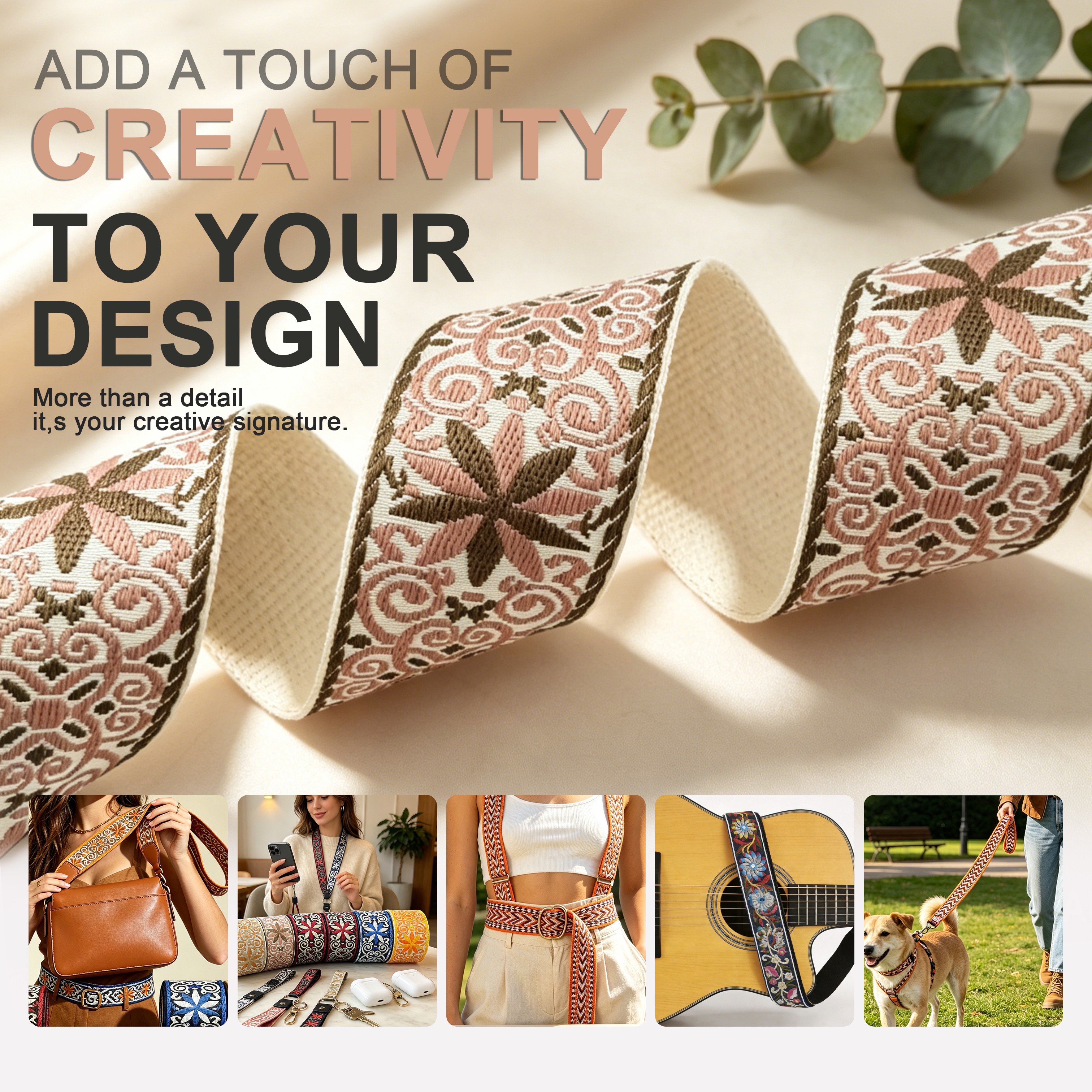 Factory Direct 5cm Polyester Clothing Ethnic Embroidery Webbing Bag Guitar Strap Embossed Floral Pattern Webbing Strap