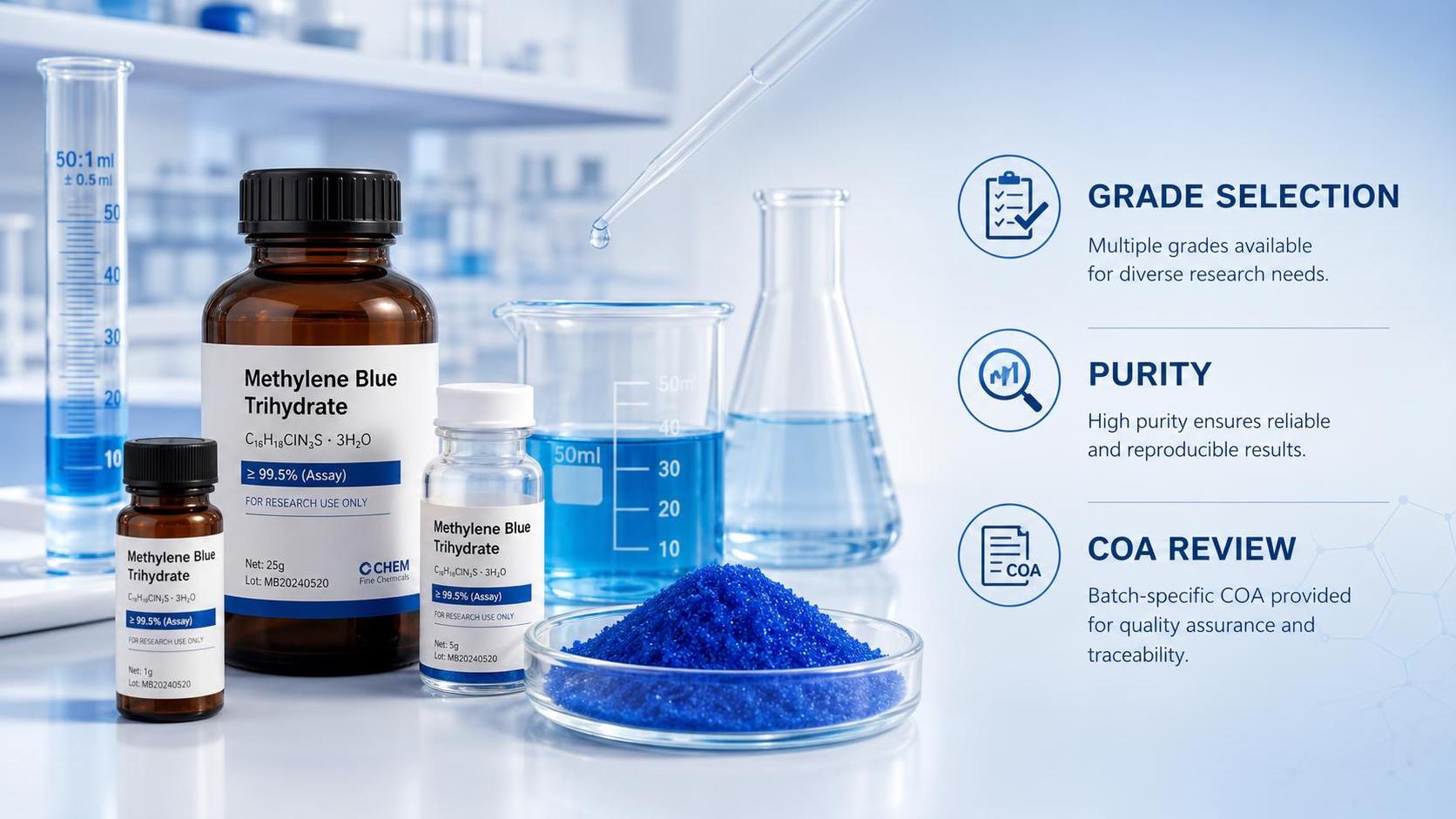 Methylene Blue Trihydrate Lab Grade: How to Match Grade to Research Needs