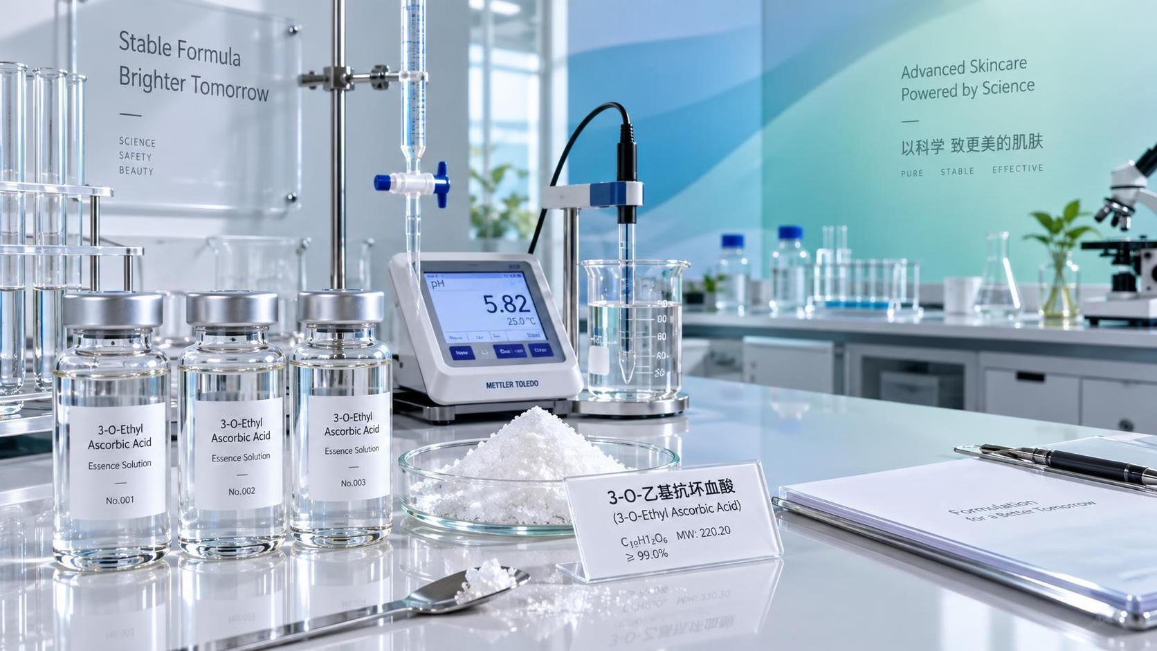 What pH range keeps 3-O-Ethyl-L-Ascorbic Acid soluble in serums?