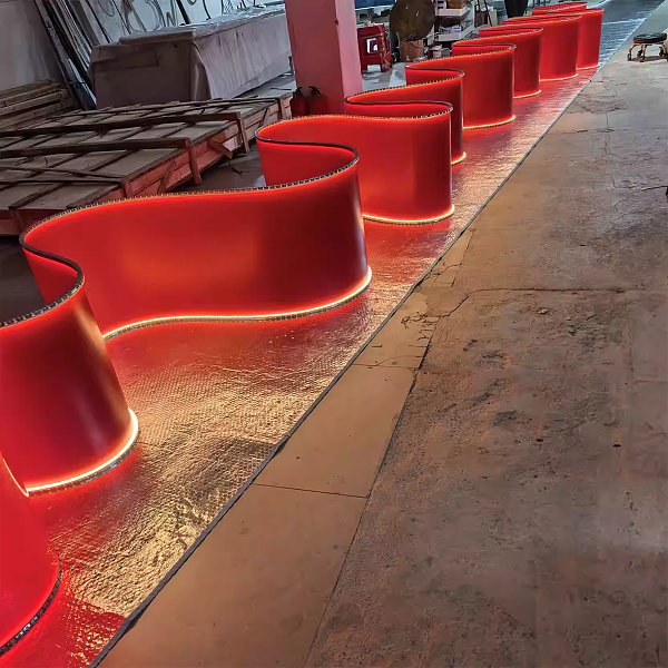 Pure red minimalist non transparent luminous ceiling, hotel club exhibition hall, creative design, customized size, decorative light ribbon